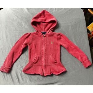 Ralph Lauren Girls Knit Peplum Hoodie Sweater Zip Up Pink Size 5 Pony Logo